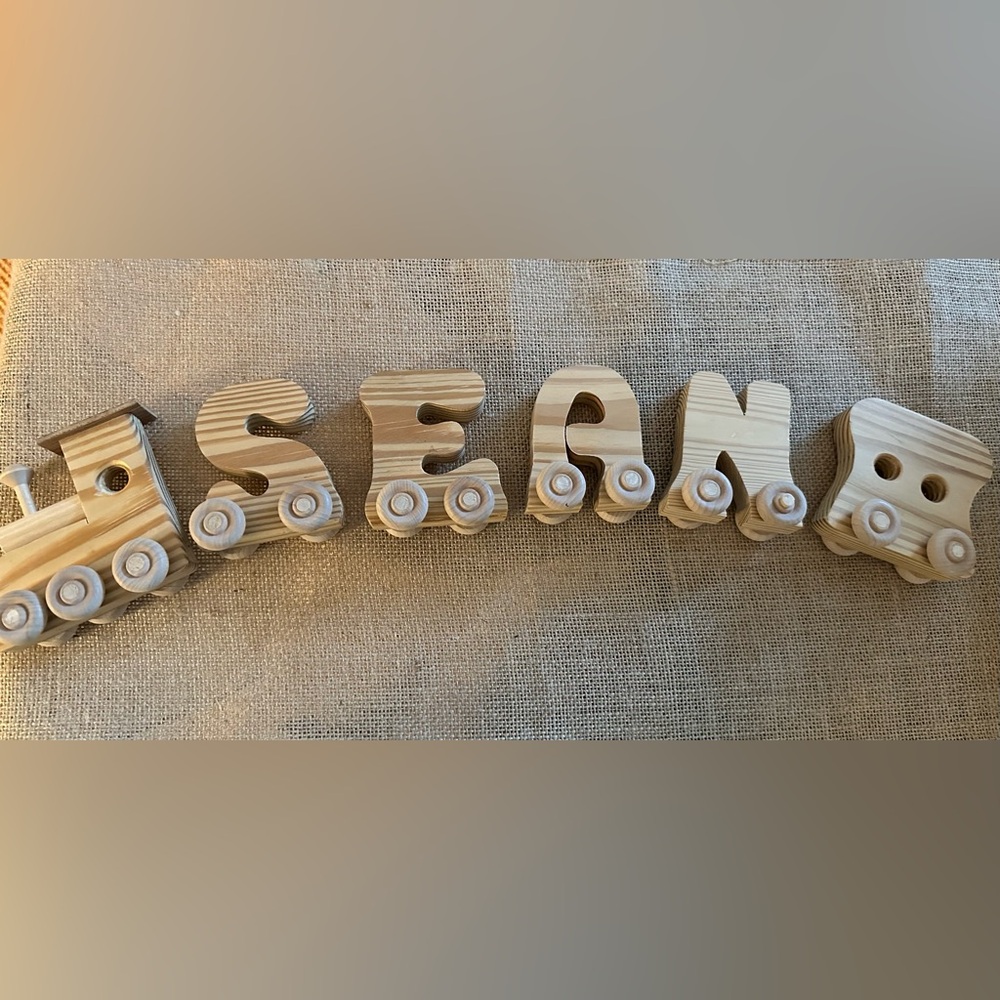 “SEAN” Hand Crafted Natural Wood Letter Train Set - Beige Wood Tones